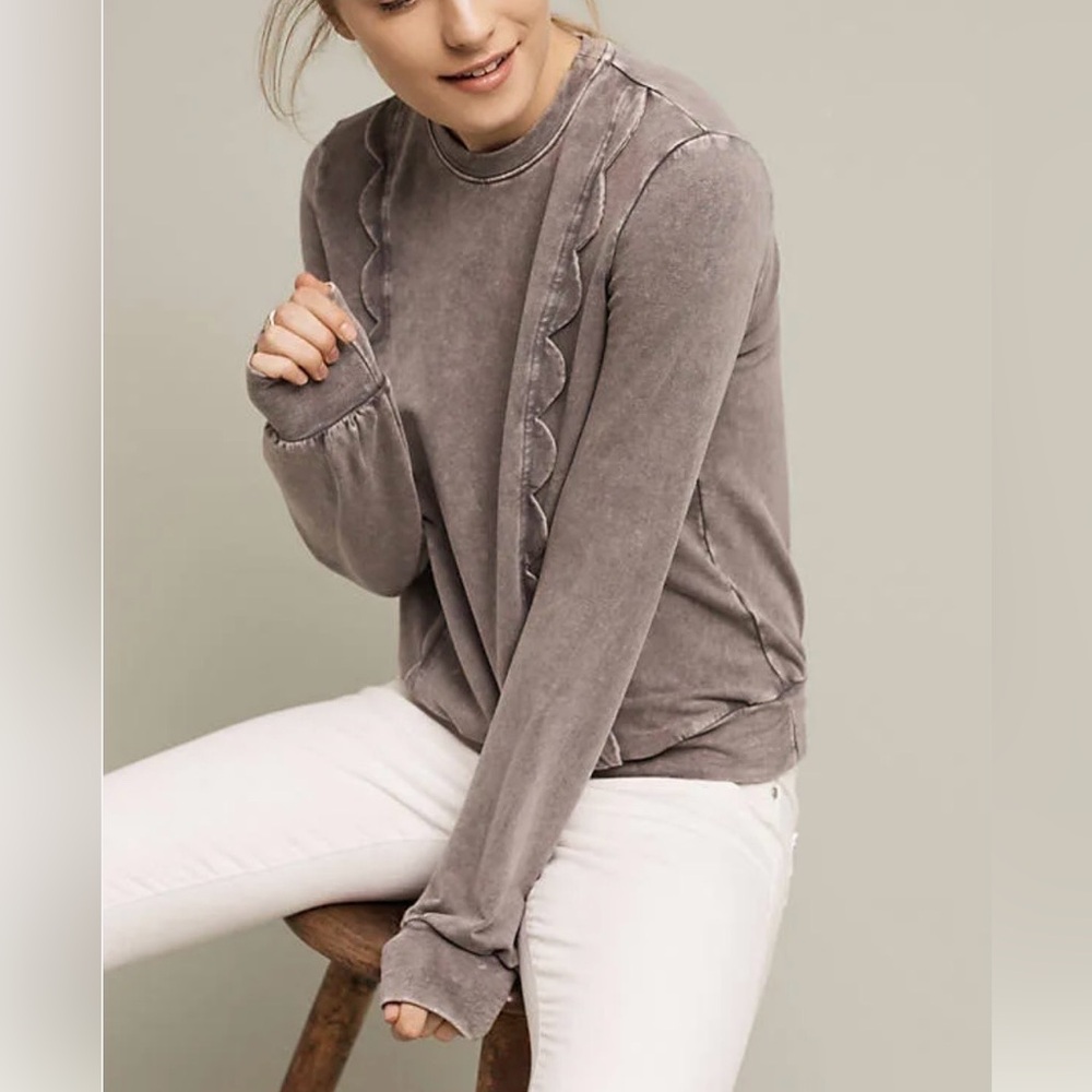 Eri + Ali Anthropologie Stone Washed Scalloped Gray Long Sleeve Sweater